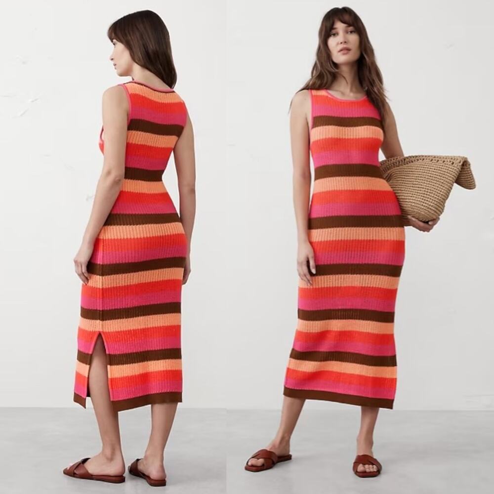 New $120 BANANA REPUBLIC Open-Stitch Midi Sweater Knit Dress Striped Pool Beach